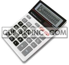 white calculator with grey black and red buttons