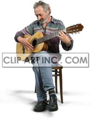 The image shows a man sitting on a chair with an acoustic guitar in his lap. The person has jeans and a shirt on. They are strumming the strings of the guitar.