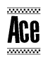 The image is a black and white clipart of the text Ace in a bold, italicized font. The text is bordered by a dotted line on the top and bottom, and there are checkered flags positioned at both ends of the text, usually associated with racing or finishing lines.