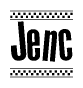 The image is a black and white clipart of the text Jenc in a bold, italicized font. The text is bordered by a dotted line on the top and bottom, and there are checkered flags positioned at both ends of the text, usually associated with racing or finishing lines.