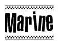 The image is a black and white clipart of the text Marine in a bold, italicized font. The text is bordered by a dotted line on the top and bottom, and there are checkered flags positioned at both ends of the text, usually associated with racing or finishing lines.