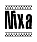 The image is a black and white clipart of the text Nixa in a bold, italicized font. The text is bordered by a dotted line on the top and bottom, and there are checkered flags positioned at both ends of the text, usually associated with racing or finishing lines.