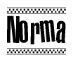 The image is a black and white clipart of the text Norma in a bold, italicized font. The text is bordered by a dotted line on the top and bottom, and there are checkered flags positioned at both ends of the text, usually associated with racing or finishing lines.