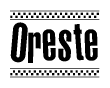 The image is a black and white clipart of the text Oreste in a bold, italicized font. The text is bordered by a dotted line on the top and bottom, and there are checkered flags positioned at both ends of the text, usually associated with racing or finishing lines.
