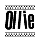 The image is a black and white clipart of the text Ollie in a bold, italicized font. The text is bordered by a dotted line on the top and bottom, and there are checkered flags positioned at both ends of the text, usually associated with racing or finishing lines.