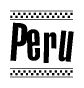 The clipart image displays the text Peru in a bold, stylized font. It is enclosed in a rectangular border with a checkerboard pattern running below and above the text, similar to a finish line in racing. 