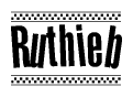 The image is a black and white clipart of the text Ruthieb in a bold, italicized font. The text is bordered by a dotted line on the top and bottom, and there are checkered flags positioned at both ends of the text, usually associated with racing or finishing lines.