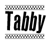 The image is a black and white clipart of the text Tabby in a bold, italicized font. The text is bordered by a dotted line on the top and bottom, and there are checkered flags positioned at both ends of the text, usually associated with racing or finishing lines.
