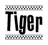 The image contains the text Tiger in a bold, stylized font, with a checkered flag pattern bordering the top and bottom of the text.