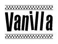 The image contains the text Vanilla in a bold, stylized font, with a checkered flag pattern bordering the top and bottom of the text.