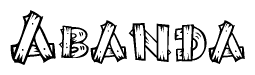 The image contains the name Abanda written in a decorative, stylized font with a hand-drawn appearance. The lines are made up of what appears to be planks of wood, which are nailed together