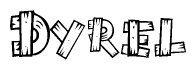 The clipart image shows the name Dyrel stylized to look as if it has been constructed out of wooden planks or logs. Each letter is designed to resemble pieces of wood.
