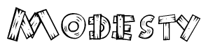 The clipart image shows the name Modesty stylized to look like it is constructed out of separate wooden planks or boards, with each letter having wood grain and plank-like details.