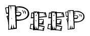 The clipart image shows the name Peep stylized to look as if it has been constructed out of wooden planks or logs. Each letter is designed to resemble pieces of wood.