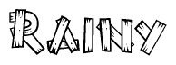 The clipart image shows the name Rainy stylized to look as if it has been constructed out of wooden planks or logs. Each letter is designed to resemble pieces of wood.