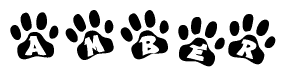 The image shows a series of animal paw prints arranged horizontally. Within each paw print, there's a letter; together they spell Amber