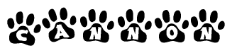 The image shows a series of animal paw prints arranged in a horizontal line. Each paw print contains a letter, and together they spell out the word Cannon.