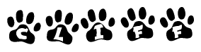 The image shows a series of animal paw prints arranged in a horizontal line. Each paw print contains a letter, and together they spell out the word Cliff.