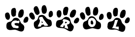 The image shows a row of animal paw prints, each containing a letter. The letters spell out the word Carol within the paw prints.