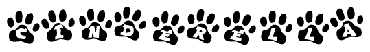 The image shows a series of animal paw prints arranged horizontally. Within each paw print, there's a letter; together they spell Cinderella