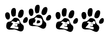 The image shows a series of animal paw prints arranged horizontally. Within each paw print, there's a letter; together they spell Edee