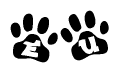 The image shows a series of animal paw prints arranged in a horizontal line. Each paw print contains a letter, and together they spell out the word Eu.