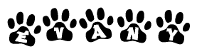 The image shows a series of animal paw prints arranged horizontally. Within each paw print, there's a letter; together they spell Evany