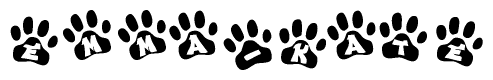 The image shows a series of animal paw prints arranged in a horizontal line. Each paw print contains a letter, and together they spell out the word Emma-kate.