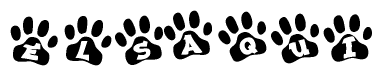 The image shows a series of animal paw prints arranged in a horizontal line. Each paw print contains a letter, and together they spell out the word Elsaqui.