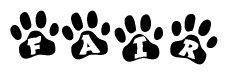 The image shows a series of animal paw prints arranged horizontally. Within each paw print, there's a letter; together they spell Fair