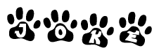 The image shows a row of animal paw prints, each containing a letter. The letters spell out the word Joke within the paw prints.
