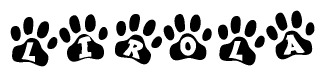 The image shows a series of animal paw prints arranged horizontally. Within each paw print, there's a letter; together they spell Lirola