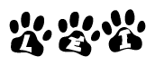 The image shows a series of animal paw prints arranged in a horizontal line. Each paw print contains a letter, and together they spell out the word Lei.