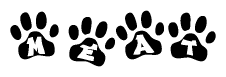 The image shows a series of animal paw prints arranged horizontally. Within each paw print, there's a letter; together they spell Meat