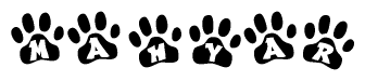 The image shows a series of animal paw prints arranged in a horizontal line. Each paw print contains a letter, and together they spell out the word Mahyar.