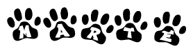 The image shows a row of animal paw prints, each containing a letter. The letters spell out the word Marte within the paw prints.