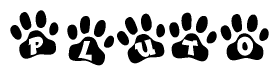 The image shows a series of animal paw prints arranged in a horizontal line. Each paw print contains a letter, and together they spell out the word Pluto.