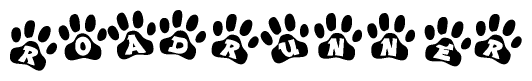 The image shows a series of animal paw prints arranged horizontally. Within each paw print, there's a letter; together they spell Roadrunner