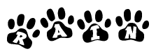 The image shows a series of animal paw prints arranged in a horizontal line. Each paw print contains a letter, and together they spell out the word Rain.