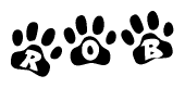 The image shows a series of animal paw prints arranged horizontally. Within each paw print, there's a letter; together they spell Rob
