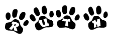 The image shows a row of animal paw prints, each containing a letter. The letters spell out the word Ruth within the paw prints.
