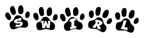 The image shows a row of animal paw prints, each containing a letter. The letters spell out the word Swirl within the paw prints.