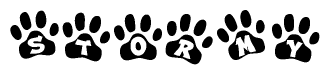 The image shows a series of animal paw prints arranged in a horizontal line. Each paw print contains a letter, and together they spell out the word Stormy.
