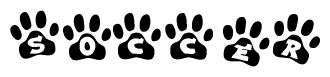 The image shows a row of animal paw prints, each containing a letter. The letters spell out the word Soccer within the paw prints.