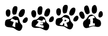 The image shows a series of animal paw prints arranged in a horizontal line. Each paw print contains a letter, and together they spell out the word Teri.