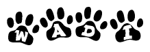The image shows a series of animal paw prints arranged in a horizontal line. Each paw print contains a letter, and together they spell out the word Wadi.