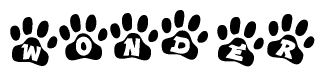 The image shows a series of animal paw prints arranged in a horizontal line. Each paw print contains a letter, and together they spell out the word Wonder.