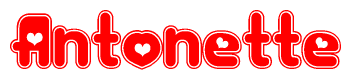 The image is a clipart featuring the word Antonette written in a stylized font with a heart shape replacing inserted into the center of each letter. The color scheme of the text and hearts is red with a light outline.