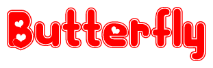The image is a red and white graphic with the word Butterfly written in a decorative script. Each letter in  is contained within its own outlined bubble-like shape. Inside each letter, there is a white heart symbol.