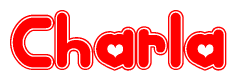 The image is a clipart featuring the word Charla written in a stylized font with a heart shape replacing inserted into the center of each letter. The color scheme of the text and hearts is red with a light outline.